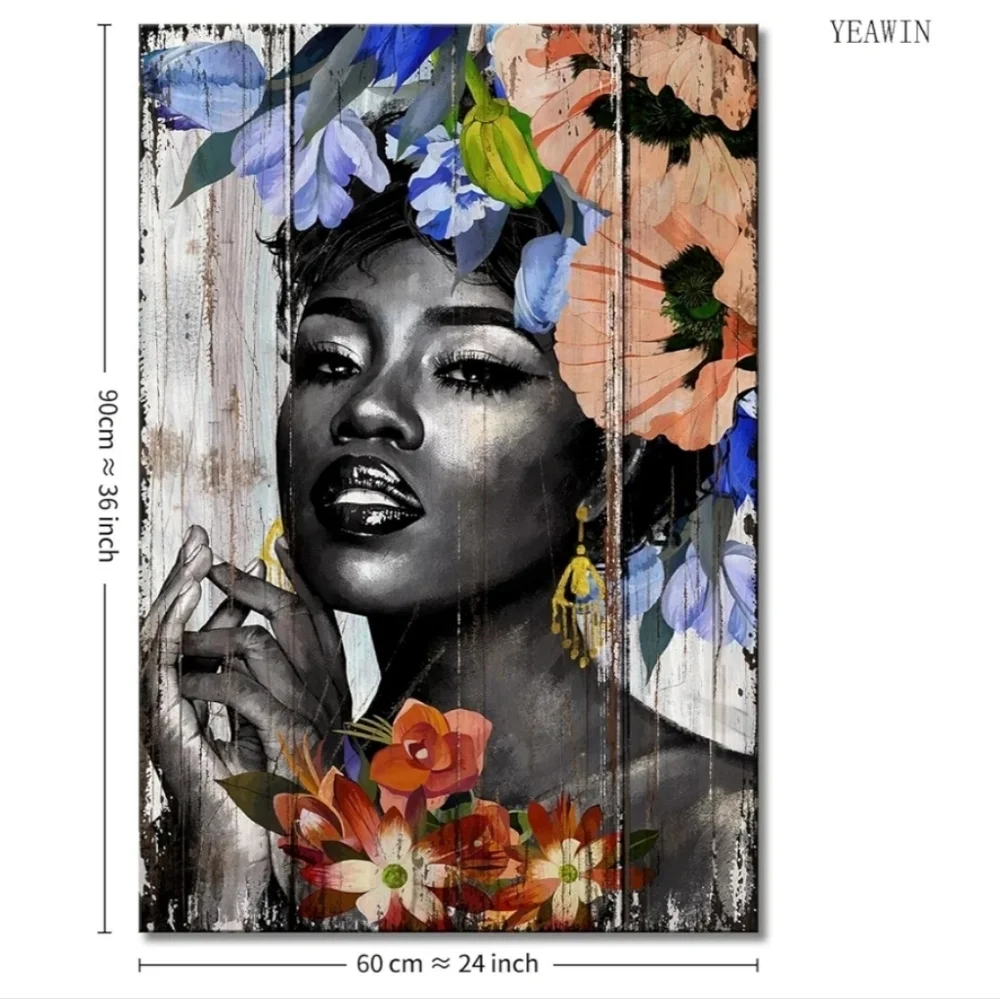 Yeawin African American Wall Art Black Girl Black Woman with Flower Canvas Wall